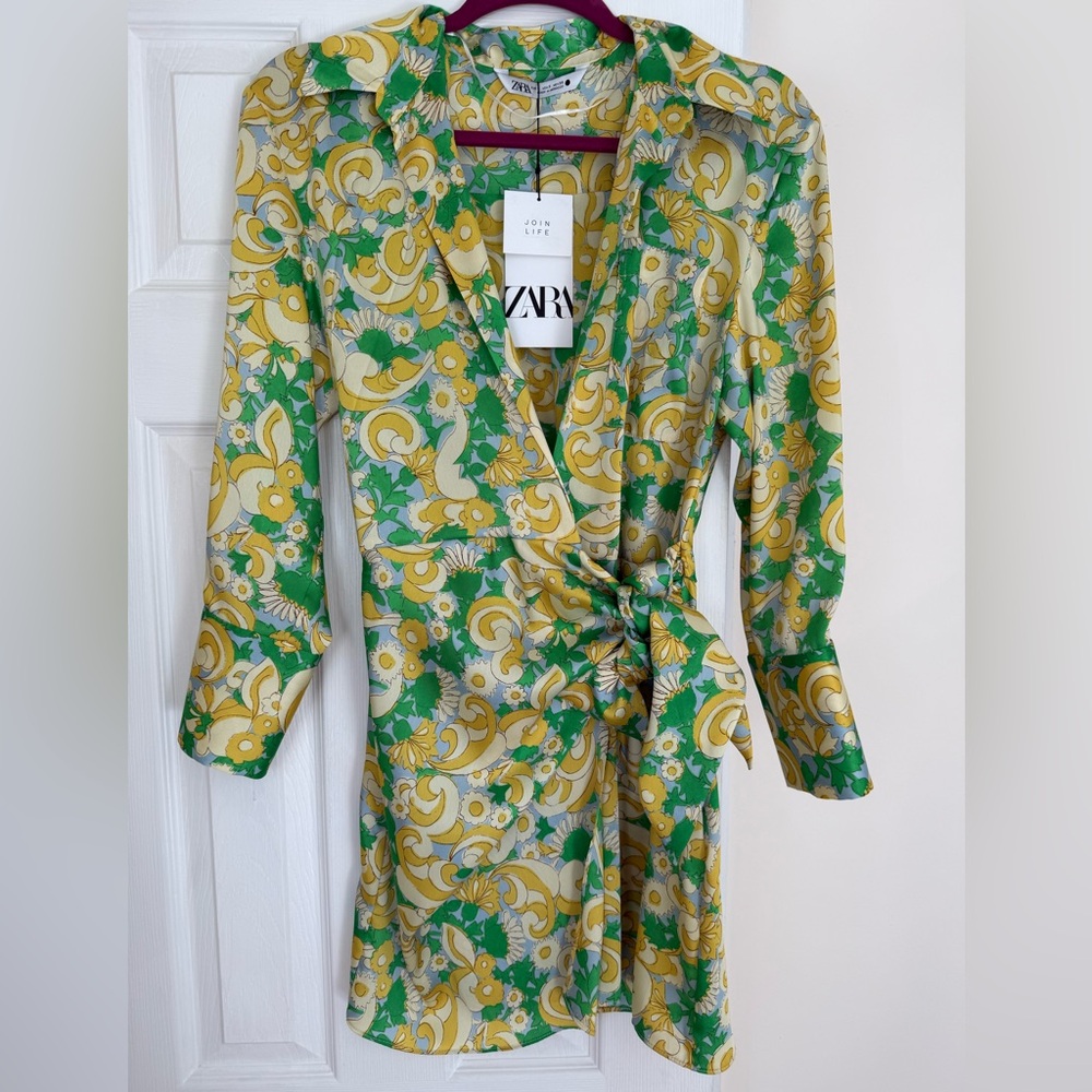 Zara Green and Yellow Patterned Wrap Dress